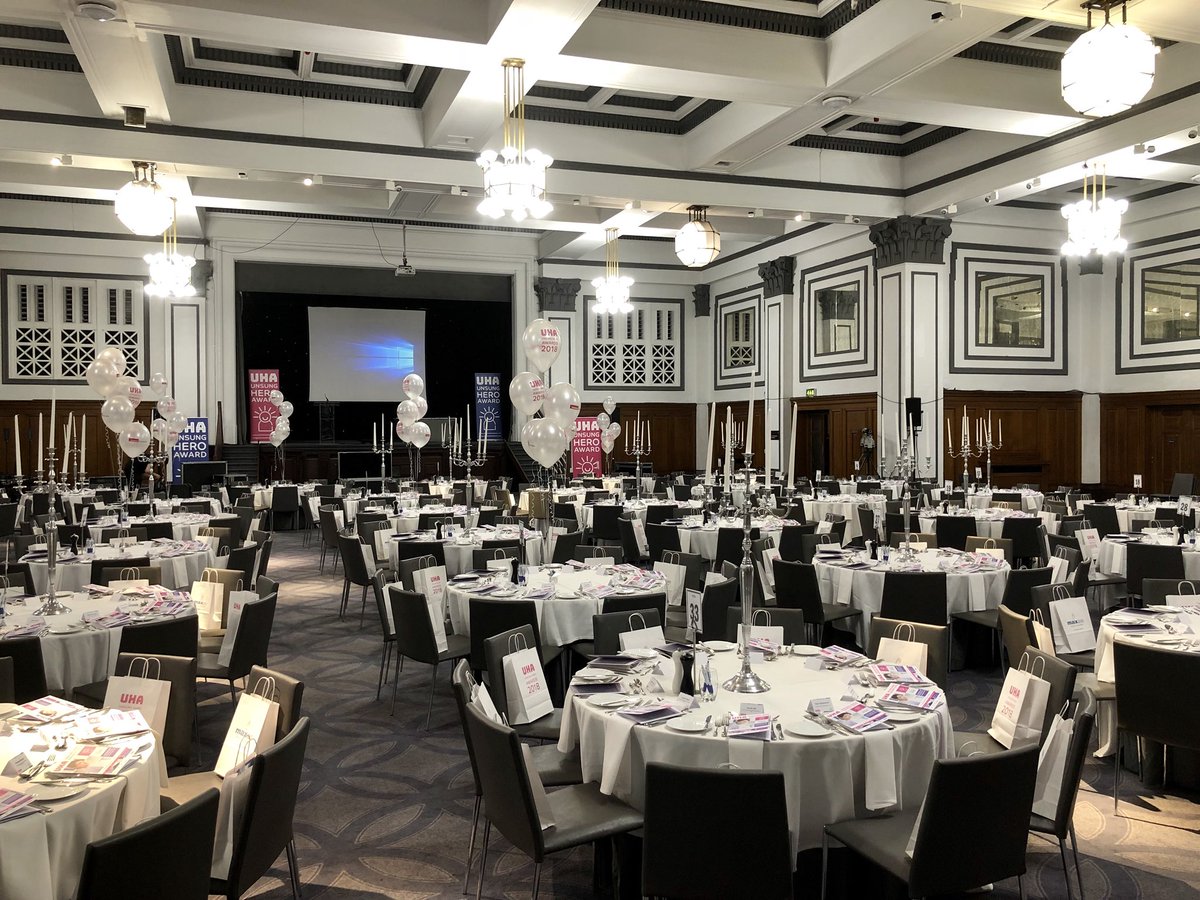 UnsungHeroAward's tweet photo. A few photos from Friday; how the room looked before and during the #awards. Quite the transformation and quite the night! #UHAwards18 #NHS #awards #healthcare #unsungheroawards #Manchester https://t.co/5q02ARXLt9