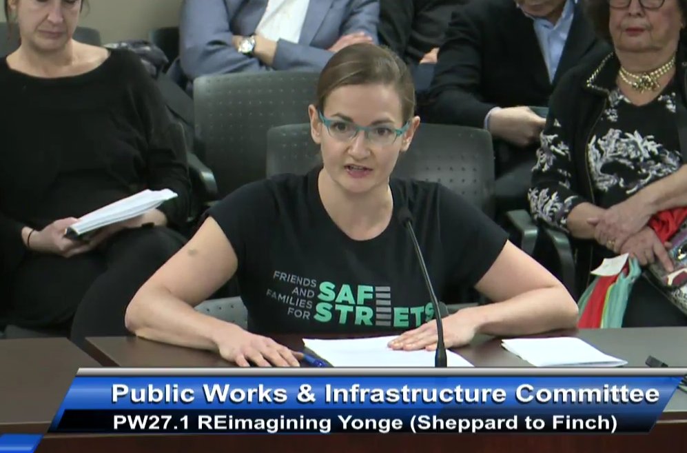 VisionZeroCA's tweet image. Jess Spieker sez she had to traverse a nasty stretch of #YongeSt with a fractured spine (due to #bikeTO hit by an SUV) &amp;amp; a massive bilateral pulmonary embolism. To privilege 60 seconds' driving time over ppl's lives "is not a balanced approach. That is perverse."  #TransformYonge
