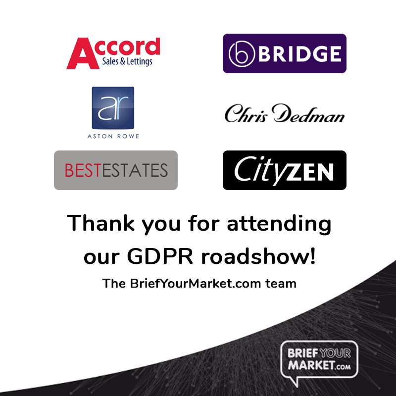 BriefYourMarket's tweet photo. Great to see so many #agents interested in finding out about the #GDPR. Thanks for your attention this morning: Accord Sales &amp; Lettings, @AstonRowe, @thebestestates, @bridgeproperty, Chris Dedman &amp; @CityZenProperty! https://t.co/LosA77cGO9