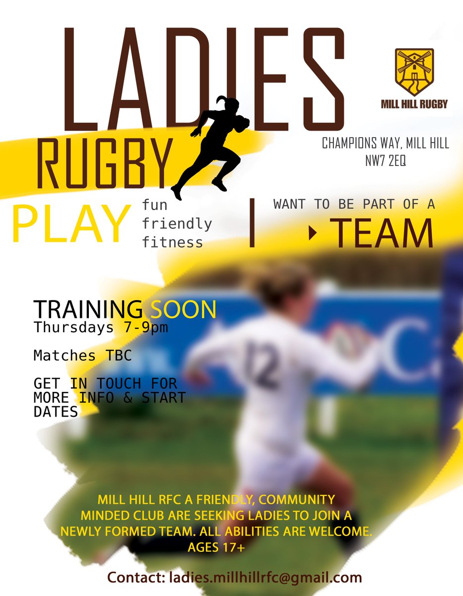 WOMEN'S RUGBY AT MILL HILL RFC! 
Don't forget we're launching a Ladies XV and need your help!!!
Please spread the word!
All Abilities Welcome 17+ - Fun,Fitness,Friends! 
Contact ladies.millhillrfc@gmail.com for details!
Training will begin when we've 6-10 committed!
PLZ RT!