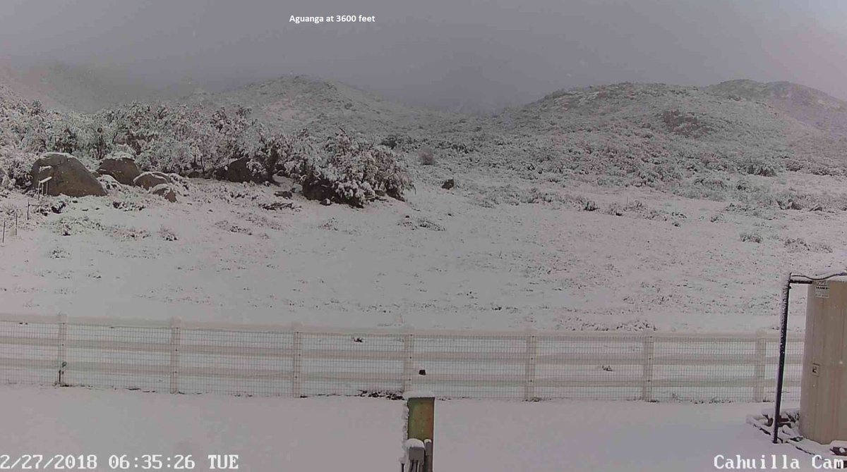 NWSSanDiego's tweet photo. It's a winter wonderland out there this morning! Here are webcam pictures from our local mountains at 630 AM today.  #cawx #sandiegowx https://t.co/8wTSJIHiUg