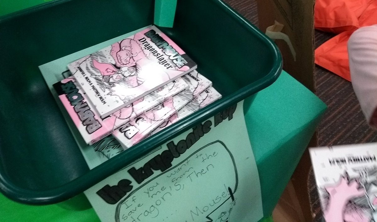 MrSchuermann's tweet photo. Grade 3 friends visiting the @AylesburyPDSB @PDSB_Libraries for the @Comic_Book_Club #KidLit #KryptoniteKup & they are all over @JenniHolm @MattHolm 'Babymouse Dragonslayer'. 😃 https://t.co/jRcP1Obj7L