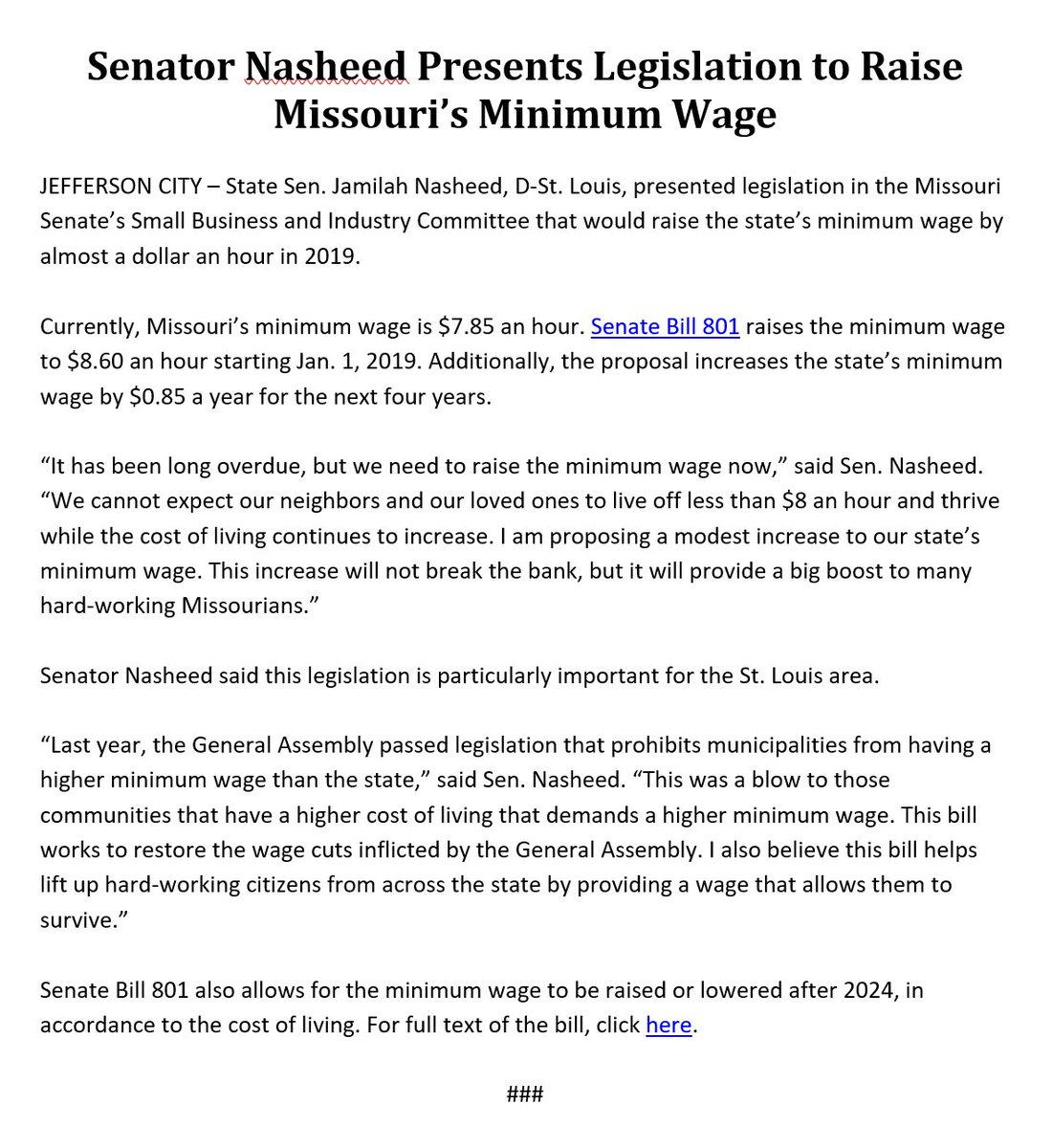 SenatorNasheed's tweet photo. It's time we ensure that minimum wage earners in Missouri are given a living wage. #RaiseTheWage https://t.co/v0gkXEBeZK