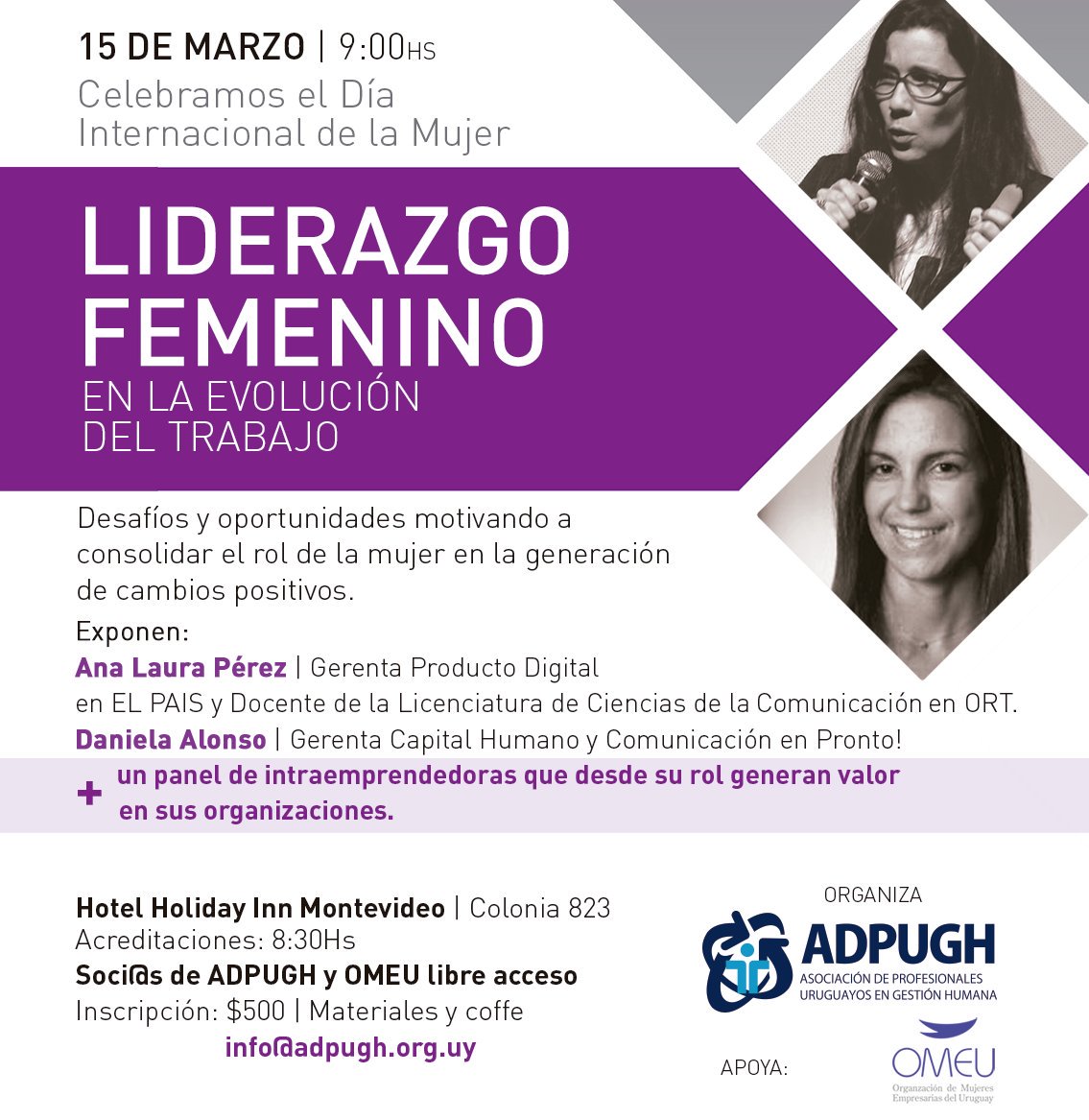AGH_UY's tweet photo. ¡Celebramos el #DiaInternacionalDeLaMujer ! #LiderazgoFemenino en la evolución del trabajo.
Exponen: @perezanalaura y @DanielaAlonsoUy
 📣 Socias #ADPUGH y @omeu_uy libre acceso.
Más información e inscripciones en info@adugh.org.uy https://t.co/p9g5Lm7sqF