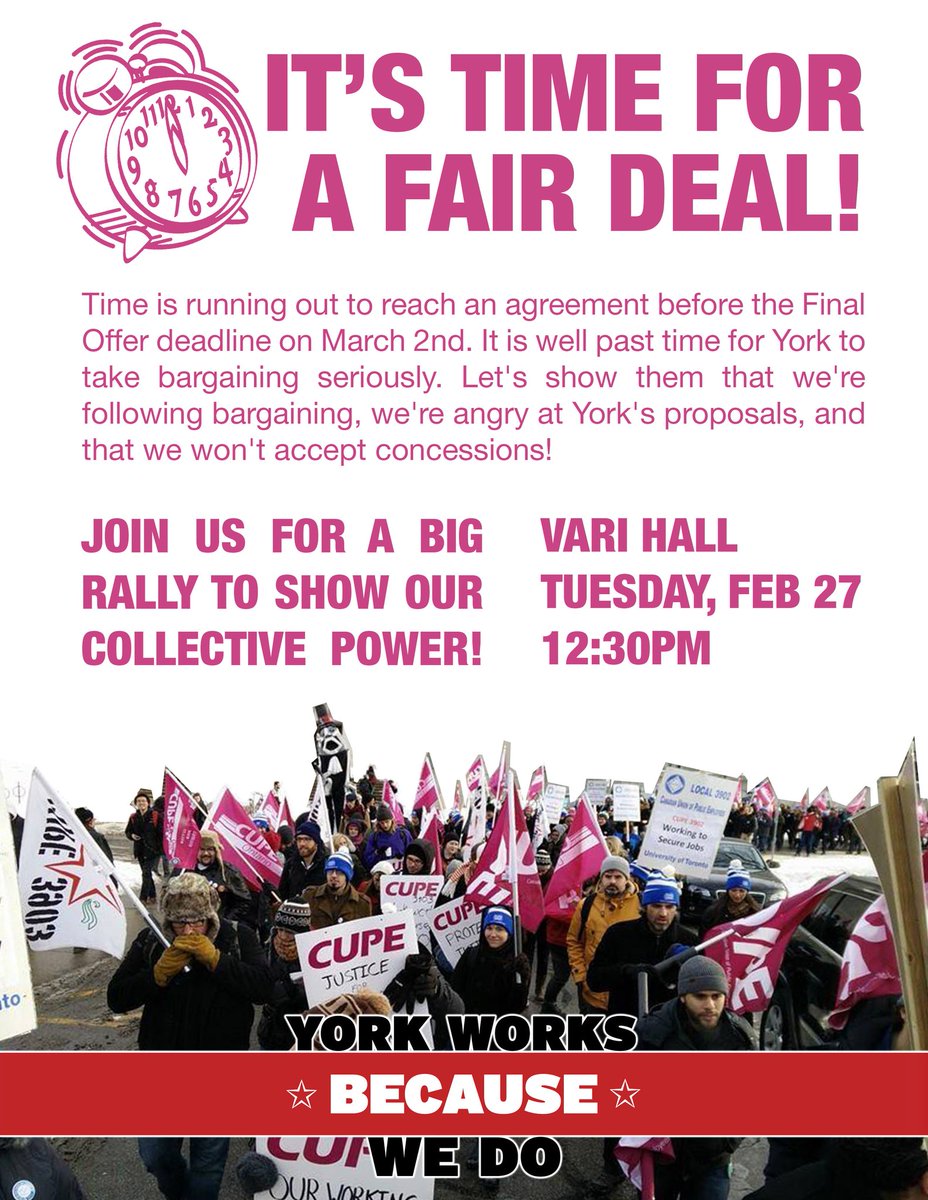 YUGSA84's tweet photo. RALLY TODAY! See you at 12:30 PM in Vari Hall. #YorkU #3903bargaining #solidarity #campuswork https://t.co/ri1PsFldS4