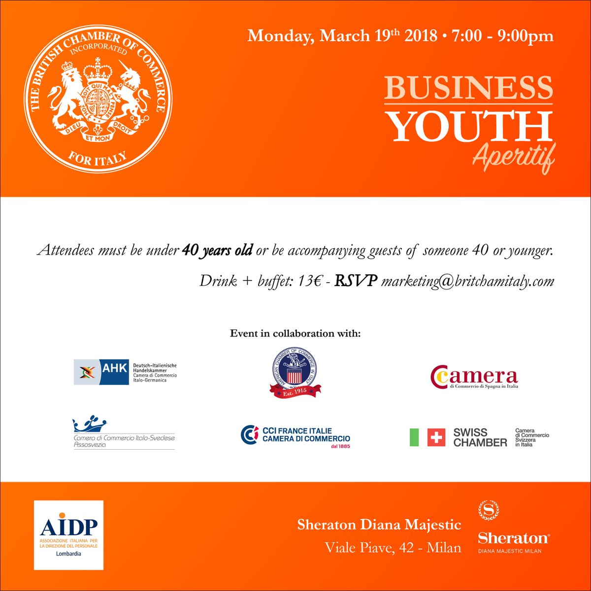 BritChamItaly's tweet photo. 📌Don't miss the 1st #BusinessYouthAperitif on Monday 19 March at the Sheraton Diana Majestic! 
The  young professionals who are ready to meet the challenges of the future  invite you to reach out your hand and shake on a new alliance. 
Info/booking ➡️ https://t.co/avpgccKjXN https://t.co/jlzpWoO0kr