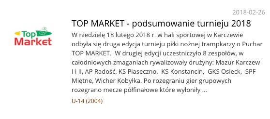 TOP MARKET - podsumowanie turnieju 2018 W niedzielę 18 lutego 2018 r. w hali sportowej w Karczewie odbyła się druga edycja turnieju piłki nożnej trampkarzy o Puchar TOP MARKET. mazurkarczew.pl/aktualnosc/sho…