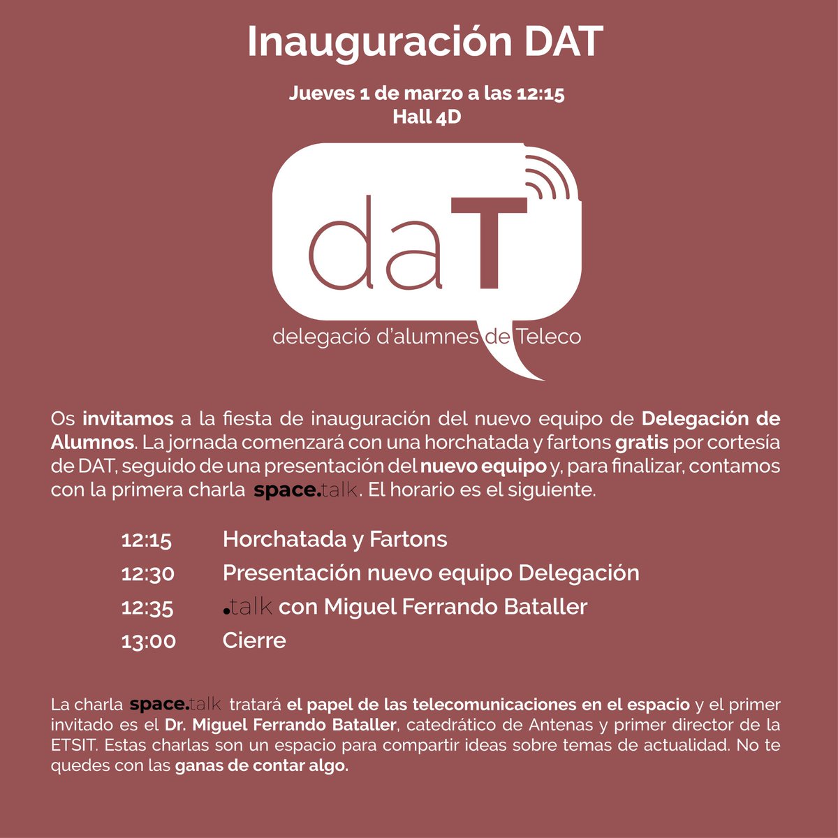 TelecoUPV's tweet photo. Jueves 1 de marzo a las 12:15 fiesta de inauguración del nuevo y renovado equipo de Delegación de Alumnos de #TelecomVLC ...con horchata y fartons https://t.co/jdaQZbgHP9