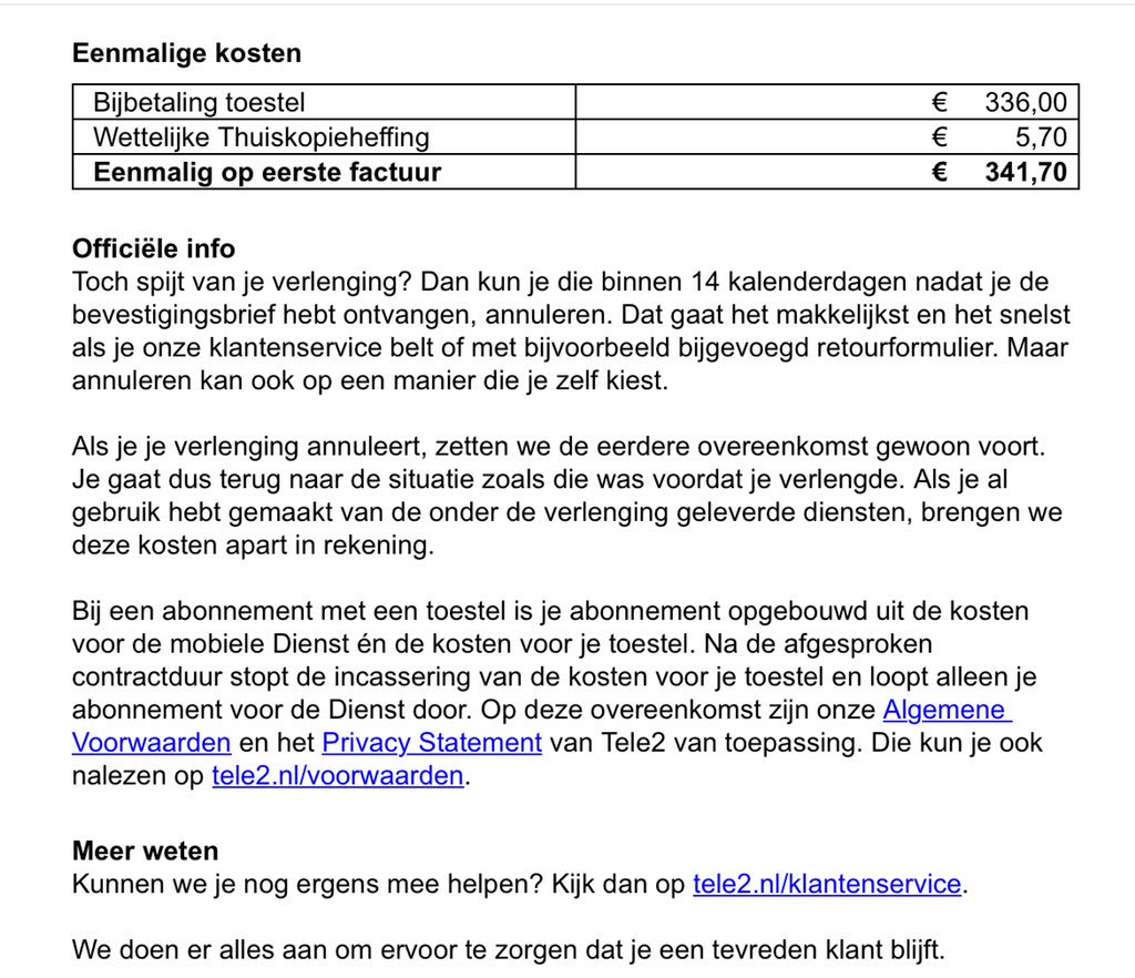 ellen3004's tweet photo. @Tele2Webcare wel raar: abonnement verlengd  eenmalige bijdrage toestel kost €264. 
Krijg ik via mail nieuw contract kost de eenmalige bijdrage €336. Al contact gehad met klanten service maar die snapte het ook niet. https://t.co/QiE63Q66ha