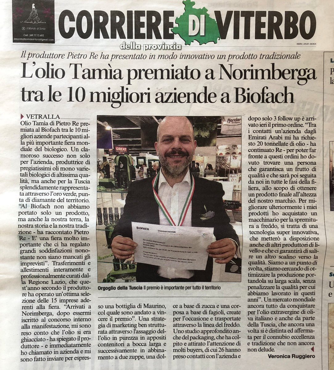 OlioTamia's tweet photo. #oliotamia #biofach2018 #winner #organic #oliveoil #contest #EVOO #italy #vetralla #visitlazio #MasterChef #tuscia #Foodie #Health #Diet #Mediterranean https://t.co/8fuqqcbuUt