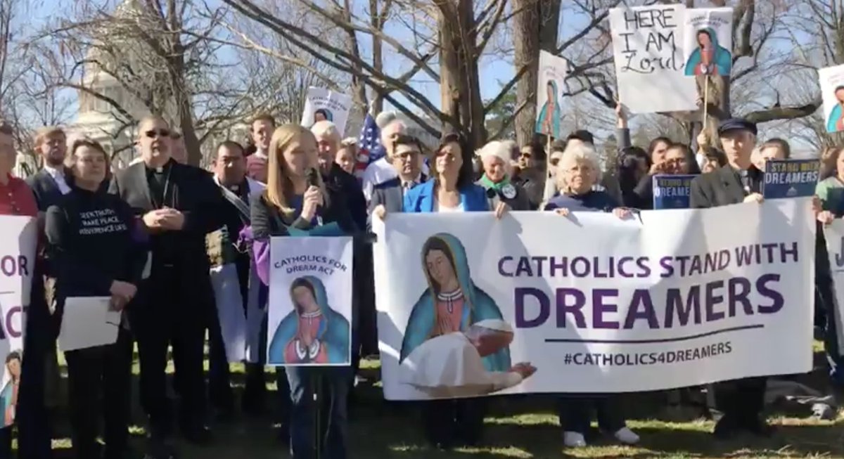 Sister Kemme welcoming attendees to the #Catholics4Dreamers rally in DC.