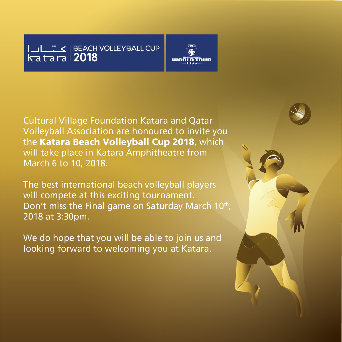 aaoo23_10's tweet photo. Katara invites you to attend the #Katara International Volleyball Cup on 6 March 2018 at the Katara amphitheater &amp; Katara Beach No. 4, from 9:00 am to 5:00 pm
 https://t.co/kdlzeT6pY2 Open Invitation
#Qatar
#KataraBeachVolley2018
#FIVBbeachtour… by #kataraqatar via @c0nvey https://t.co/WfPd2UMsbX