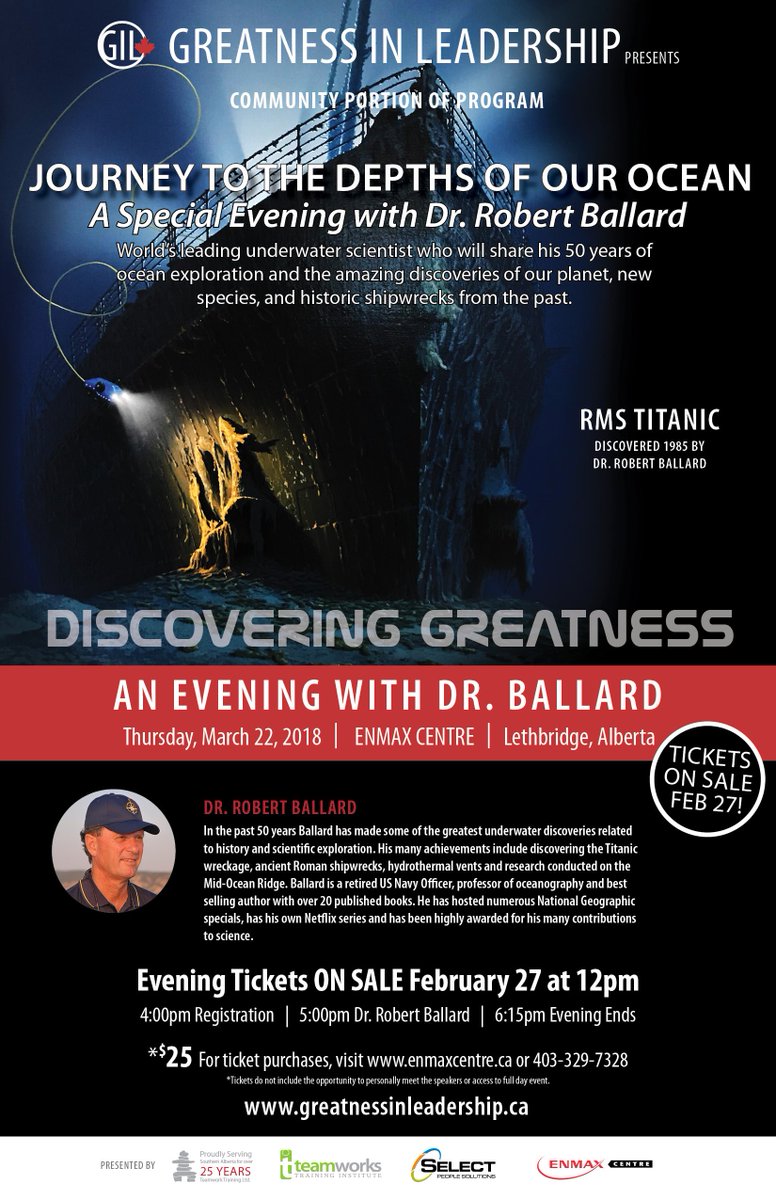 GILInYQL's tweet photo. JUST ANNOUNCED: Opportunity for the community to "Discover Greatness" with Dr. Robert Ballard as he takes you on a Journey to the Depths of our Ocean.  
Tickets go on sale Feb. 27 at 12 p.m.  at a cost of $25 +GST. They can be purchased online at https://t.co/OOykRw6YJ5 https://t.co/iClnK3iLgk