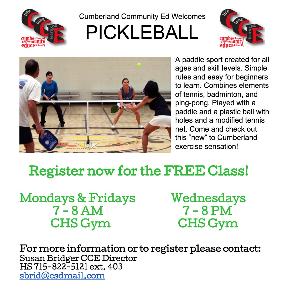 CumberlandCEd's tweet photo. Finish off your #Wednesday right with a fun game of #PickleBall at the #Cumberland High School Gym. #fitness https://t.co/11d6MaWr0B