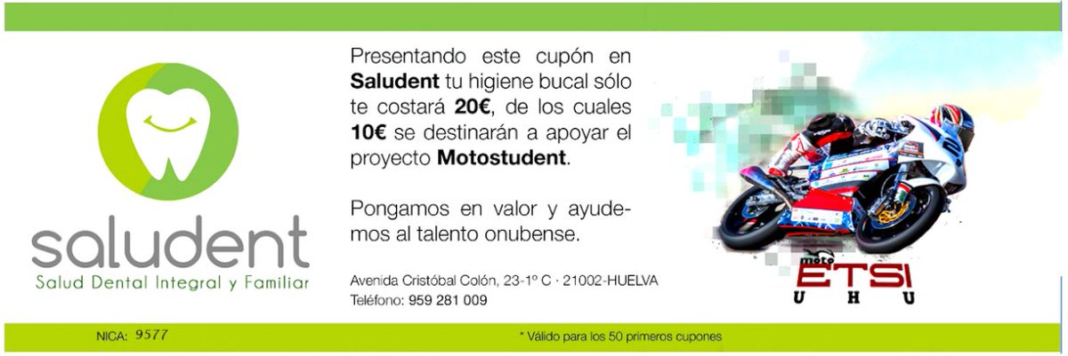 motoETSIUHU's tweet image. ¡Consigue una limpieza dental por tan solo 20€ con este cupón! De los cuales 10€ irán destinados al proyecto Motostudent. ¡Compártelo con tus amigos!