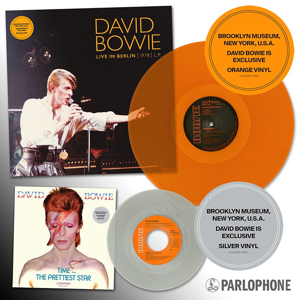 DavidBowieReal's tweet photo. Parlophone will release 3 Bowie vinyl exclusives for David Bowie is at @brooklynmuseum: Time silver vinyl picture sleeve 7” single; Live In Berlin (1978) - 8-track orange vinyl mini-LP;  iSelectBowie - 12-track red vinyl LP. Go here for full press release: https://t.co/0dBD2KryYC https://t.co/RyAjqf2nxh