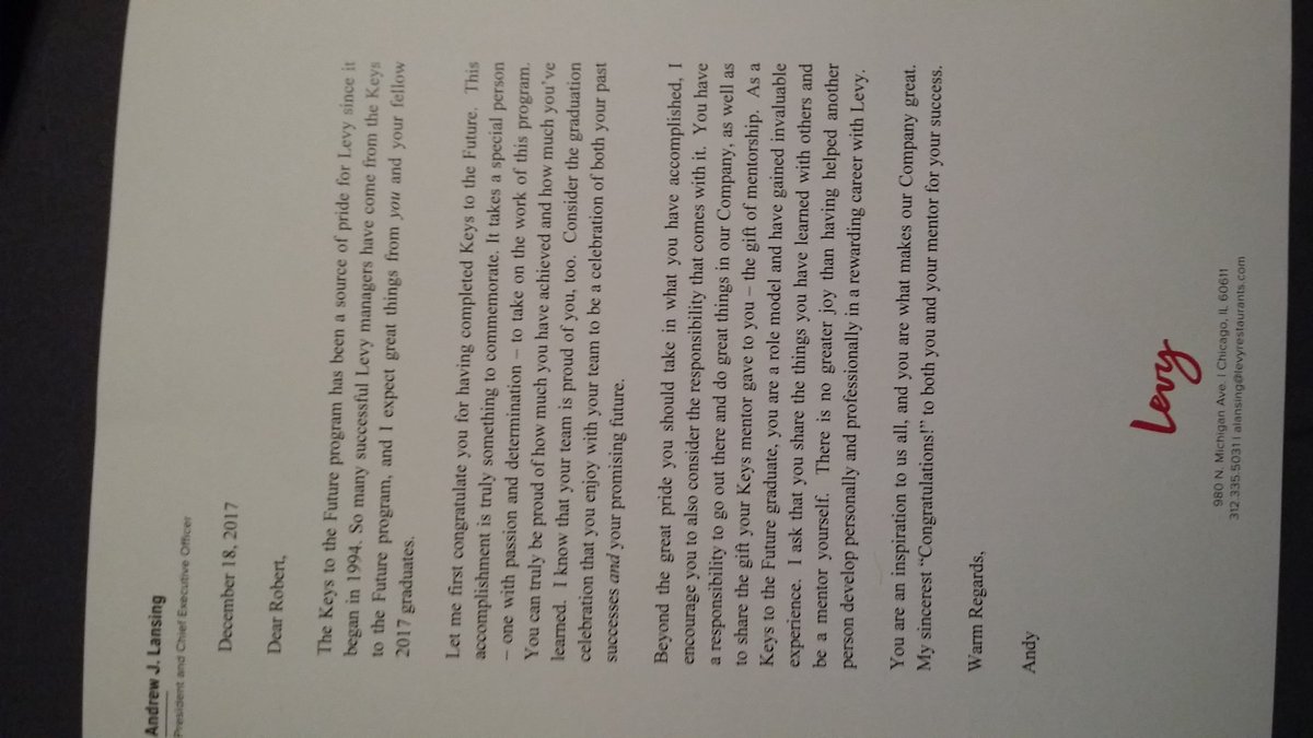 RobWSr316's tweet image. Thank you so much to @LevyRestaurants. It's been a long and busy season and I wasn't able to make the update meeting due to an event but, I finally got my #KeysToTheFuture Graduation Packet! Now for me, it only goes up from here. I can't wait for my next challenge.