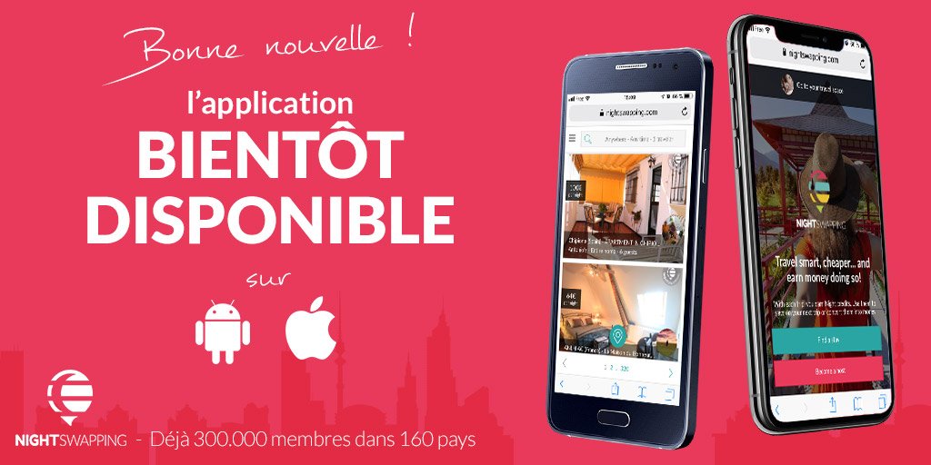 NightSwapping's tweet photo. Vous l'attendiez, elle arrive !!! Encore un peu de patience et vous pourrez trouver votre logement depuis votre application NightSwapping et recevoir des hôtes :)
#Travel #NightSwapping #app #innovation #Innovations  #locations https://t.co/luR5ItN0Wq