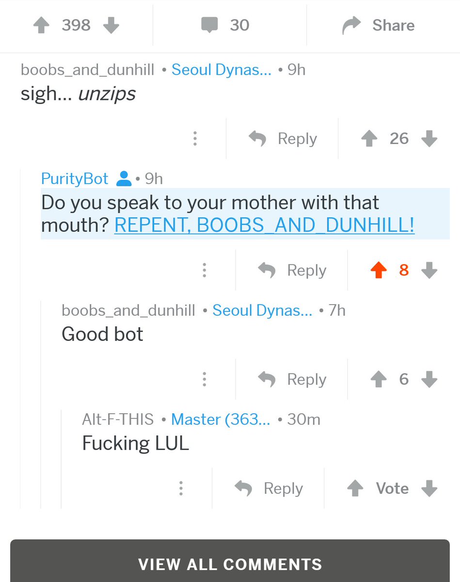 hunterhardingg's tweet image. 🤖 PurityBot has reached rank #882 out of ~3000 Reddit bots on GoodBot_BadBot in it&apos;s &amp;lt;48 hour lifespan! Updated code will be pushed to github.com/htharding tonight!👻
#reddit #redditbot #node #javascript #repent