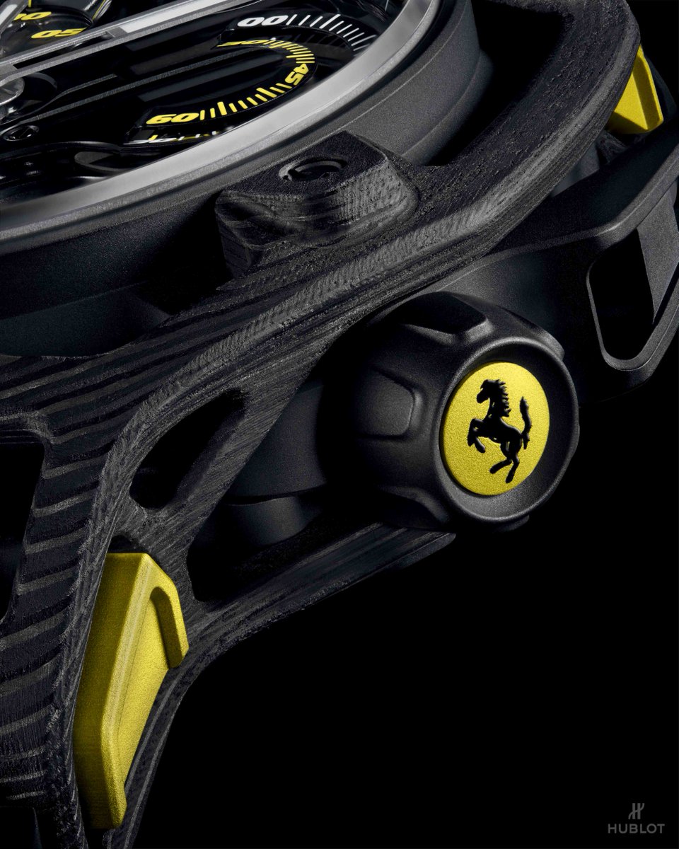 Hublot's tweet photo. Reduced to the essentials, the uniquely conceived #Techframe case is crafted from light yet durable Peek Carbon Fiber, enhanced with yellow touches. #HublotFerrari #Ferrari https://t.co/wvJ60OSVHy