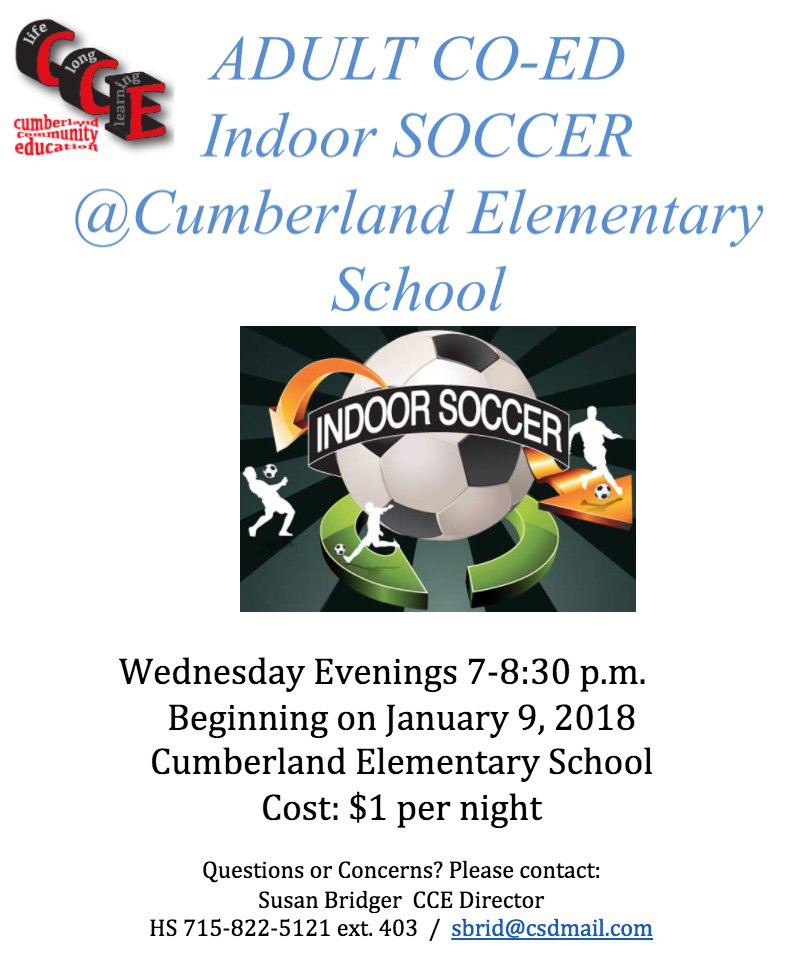 CumberlandCEd's tweet photo. Adult Co-ed #Soccer returns tomorrow night at the #Cumberland Elementary School. We hope to see you there. #fitness https://t.co/gPzvzvzItD