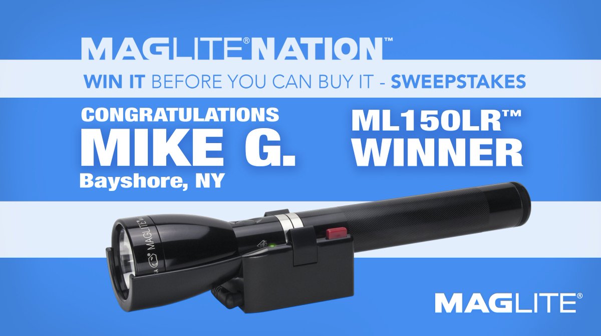 MAGLITE's tweet photo. Congratulations to Mike G. from Bayshore, NY - 2018 MagliteNation #ML150LR Sweepstakes Winner!   ....
Don’t miss out on the next #Maglite promotion, latest product news, announcements, and more. Join us at https://t.co/1rTKV77NGE https://t.co/TuAWO5A0bR