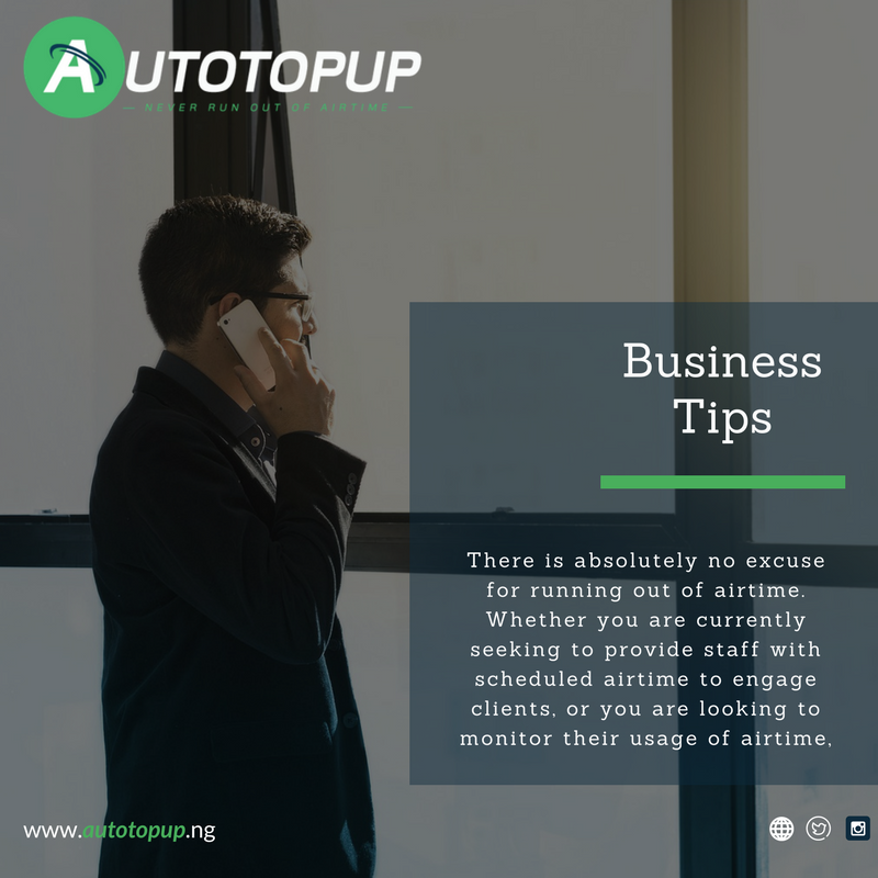 AutotopupNG's tweet photo. With Autotopup, there is absolutely no excuse for running out of airtime. Whether you are currently seeking to provide staff with scheduled airtime to engage clients, or you are looking to monitor their usage of airtime. 
 Visit https://t.co/60U1Fvb4q1 for more details. https://t.co/Wyp1NF6Zuk