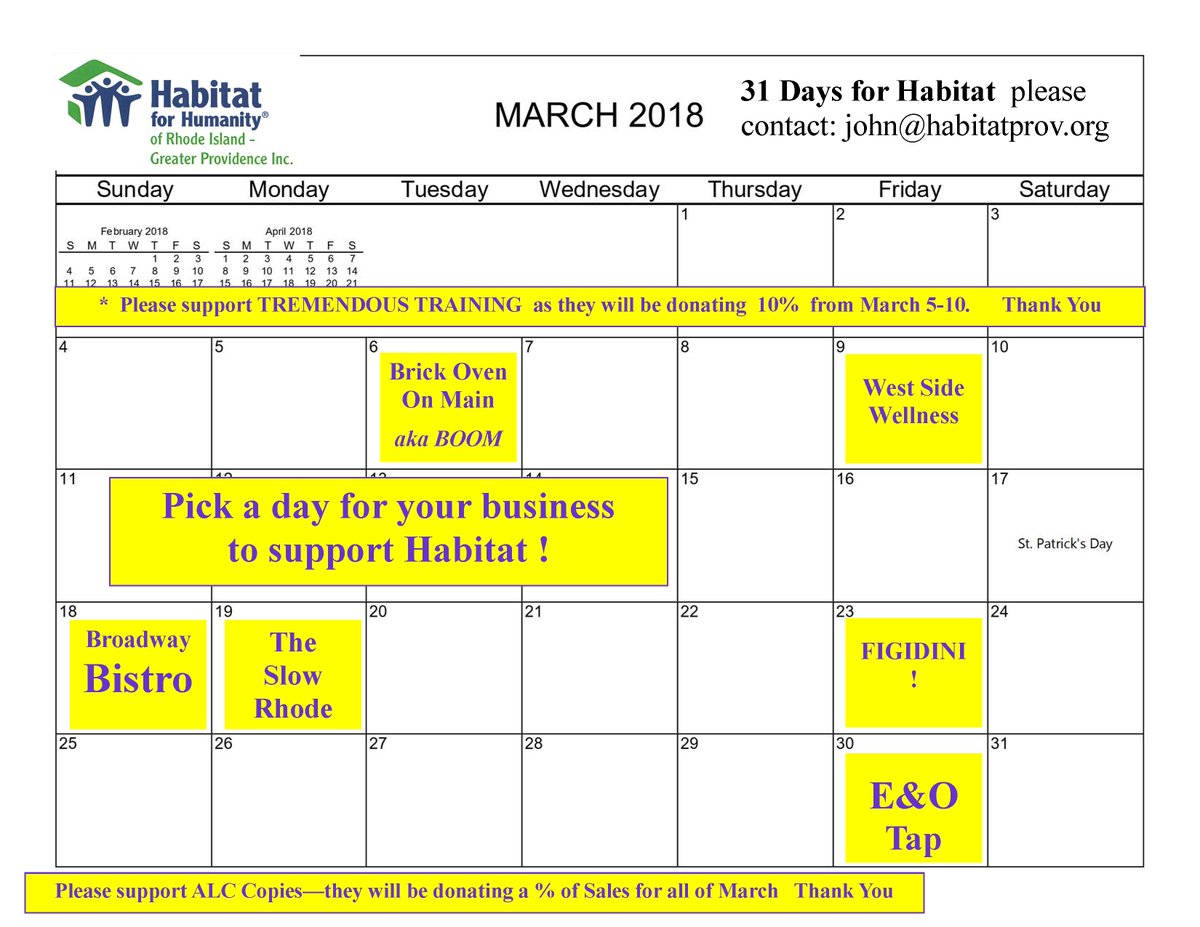 RMPSColorado's tweet image. Support Habitat for Humanity of RI - Greater Providence and Promote your business! 31 Days of Giving - Pick a day in March to donate a % of your sales. To add your business please email: john@habitatprov.org