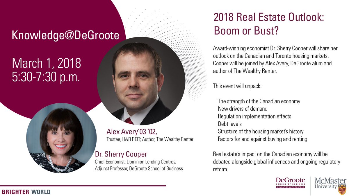 Join me this Thursday, March 1 for a lively debate on the 2018 Real Estate Outlook with <a href="/DrSherryCooper/">Sherry Cooper</a> and Alex Avery.  Ticket and details: degroote.mcmaster.ca/events/2018-re…

#Toronto #Event Knowledge @AdelaideHotelTO <a href="/DeGrooteBiz/">DeGroote Business</a> #RealEstateToronto #RealEstateOutlook #DWPN #DSBNetwork