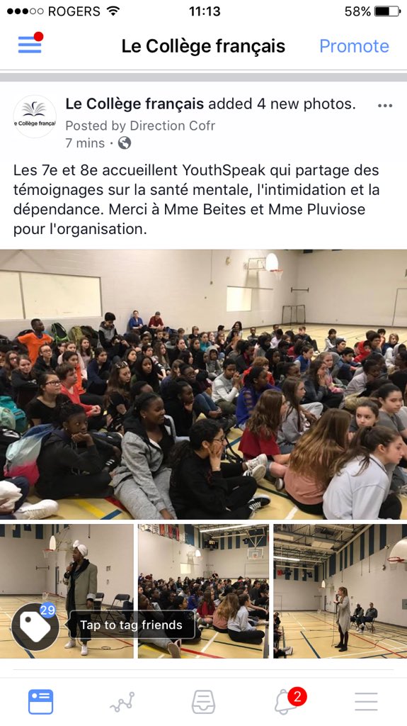 Collegefrancais's tweet photo. YouthSpeak partage des témoignages sur l'intimidation et santé mentale et donne des pistes de solution aux 7e et 8e. #cfviamonde https://t.co/SyuKYcxgAr