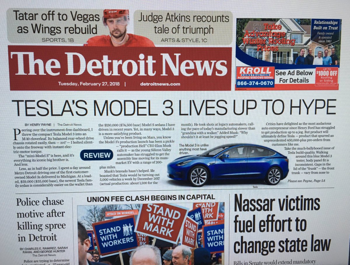 Motown eye-opener: The @DetroitNews fetes glowing <a href="/Tesla/">Tesla</a> Model 3 review with P1 above-the-fold treatment...
