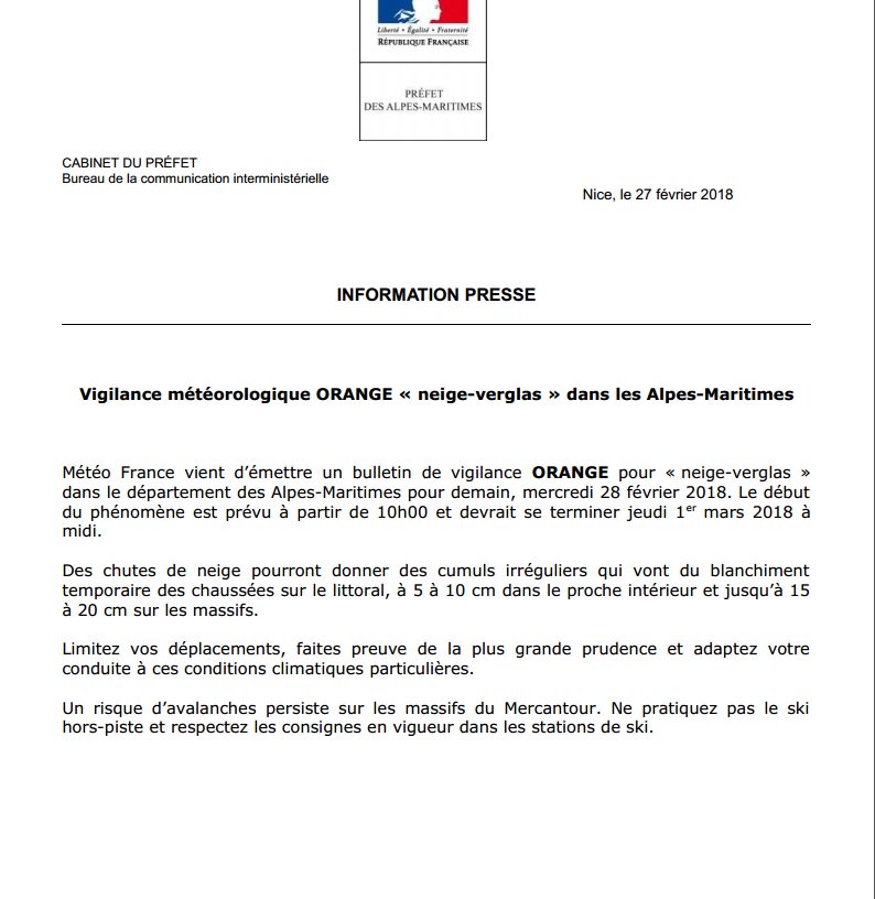 prefet06's tweet photo. ⚠️#VigilanceOrange neige-verglas dans les #AlpesMaritimes demain mercredi 28 février à partir de 10H. Limitez vos déplacements et adaptez votre conduite. https://t.co/9rWWiydA43