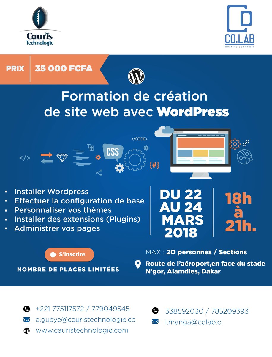 ColabDakar's tweet photo. Du 22 au 24 Mars. 18h-21h. Formation création de site web avec WordPress.  
Appelez pour réserver 78 520 93 93 
#ColabDakar #Wordpress #kebetu https://t.co/XKtDsVn5IW
