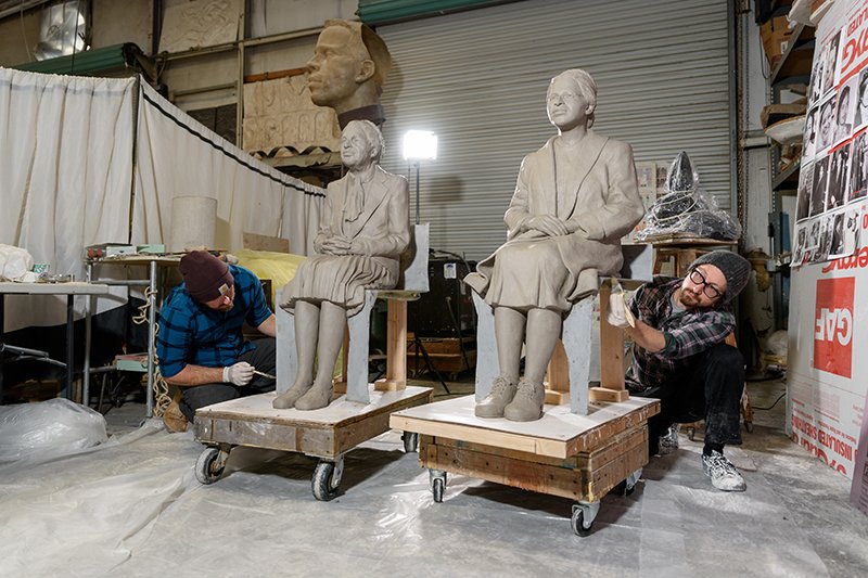 GeorgiaTech's tweet photo. A sculpture depicting Rosa Parks at age 42 and age 92 is set to be unveiled on Georgia Tech's campus. There will be an empty seat in between to encourage those passing by to continue the conversation. #BlackHistoryMonth | https://t.co/HsUDgiJJeI https://t.co/bo01jeBVjj