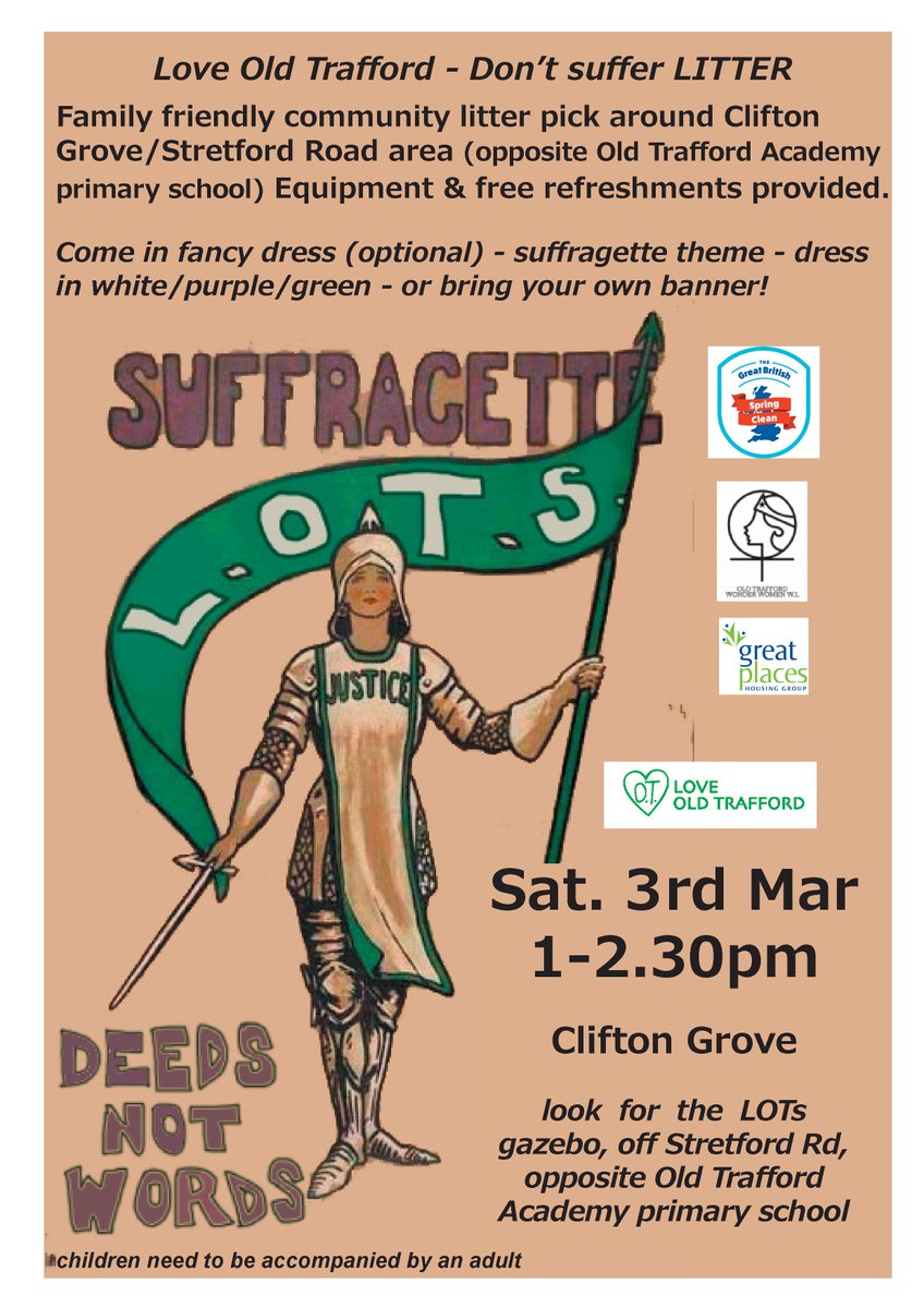 MyGreatPlace's tweet photo. @MyGreatPlace  will be litter picking in Old Trafford area for the Great British Spring Clean Sat 3 March 1-2.30pm. We're also celebrating #suffragette100 by
dressing up as suffragettes. Come along and support us and lend a hand! https://t.co/Xuup7d2Li6