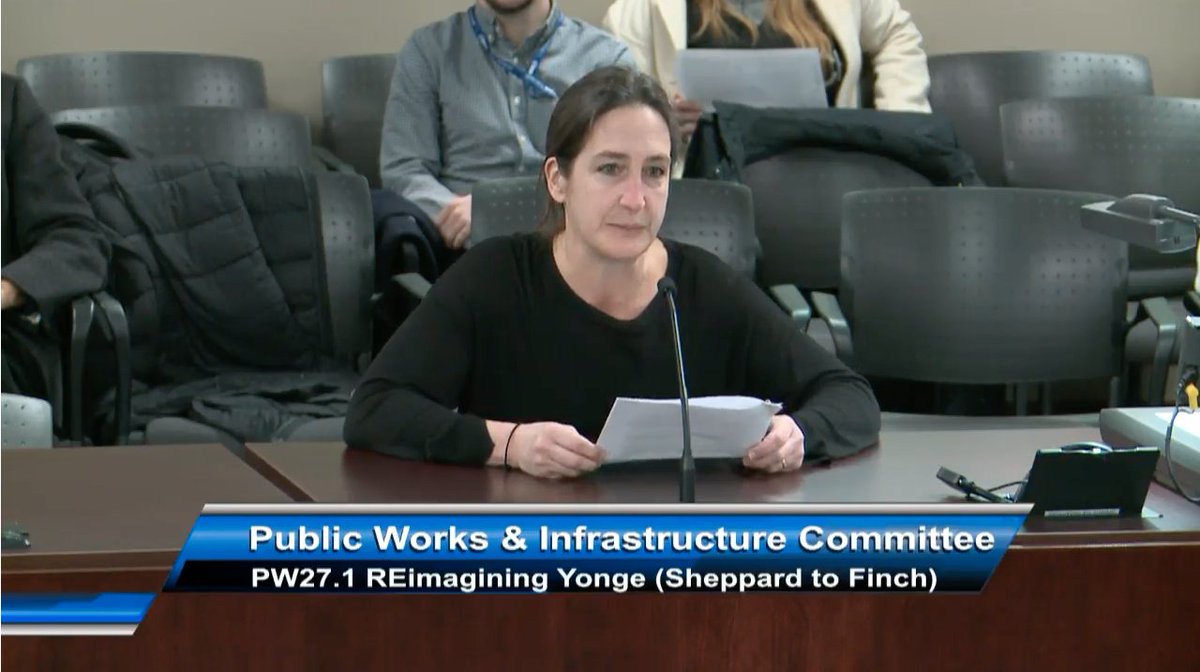 ToSoArch's tweet photo. "REimagining #Yonge is nothing less than a referendum on the city we want", @ToSoArch chair Maria Denegri presents to City of Toronto #PWIC our position on a Yonge St that is designed for everyone. #topoli #completestreet https://t.co/xzHWvjTzzA
