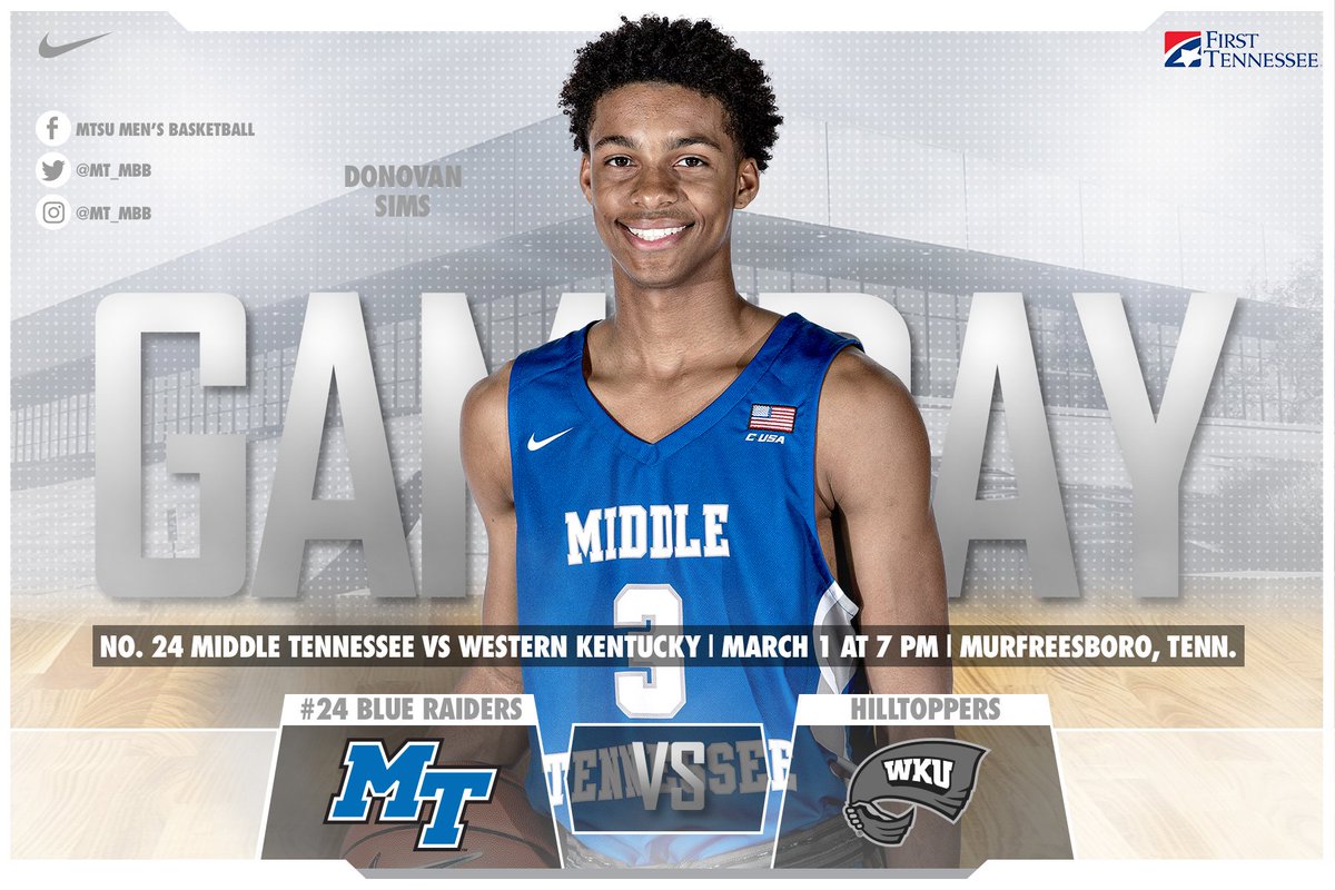 MTAthletics's tweet photo. ๐ No. 24 @MT_MBB vs WKU
๐
March 1
โฐ 7 PM
๐บ @CBSSportsNet
๐๏ธ @tunein
๐๏ธ https://t.co/FpVYoaZOUx
๐ Murfreesboro, Tenn.
#BlueRaiders https://t.co/IFpodxEao2