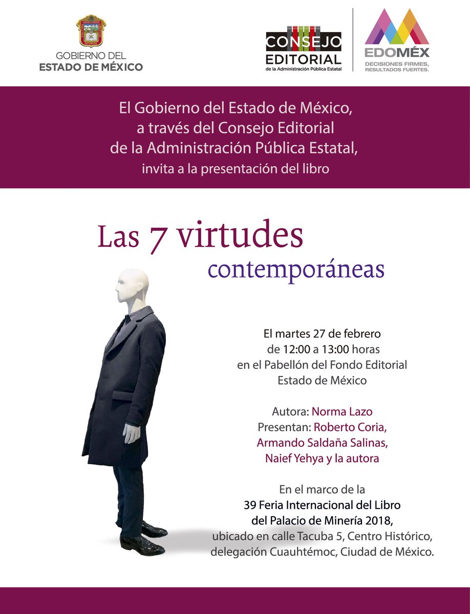 SeducEdoMex's tweet photo. #Hoy es un buen día para que visites la #FILMinería39 y #NoTePierdas la presentación del Libro "Las 7 virtudes contempóráneas"
 @ceapefoem @FILMineria https://t.co/3qKREzDATq