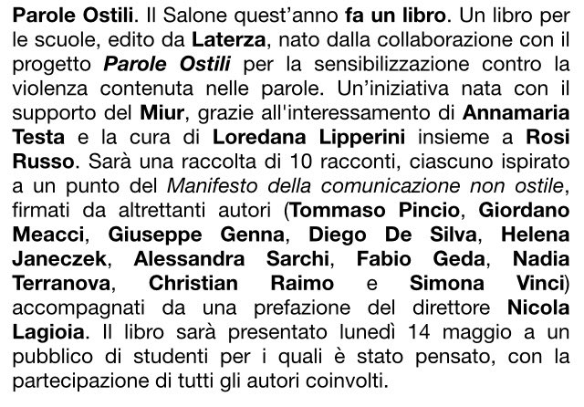 ParoleOstili's tweet photo. Emozionati? Di più. 😍

Il Manifesto della comunicazione non ostile diventa un libro! ☺️

10 principi, 10 racconti, 10 diversi autori. 📜✍🏻

Lo presenteremo lunedì 14 al @SalonedelLibro di Torino.

#ParoleOstili 
#SalTo18 https://t.co/ooqrxRJ7EC