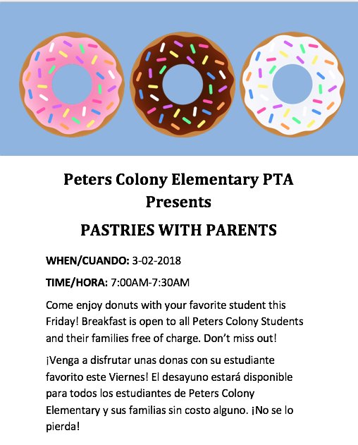 PetersColonyES's tweet photo. Pastries with Parents at @PetersColonyES will be this Friday morning at 7:00 hosted by @PC_PTA! We hope to see you for a free breakfast with your student! #LISDCulture https://t.co/lk13CWXwfF