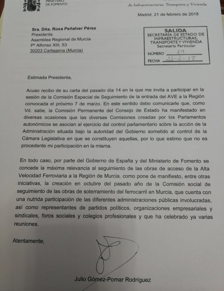 RosaRodaNews's tweet photo. El secretario de estado de infraestructuras del @fomentogob, Julio Gómez Pomar rechaza comparecer ante la comisión especial del AVE de la @asambleamurcia. https://t.co/i60ri6mtaF
