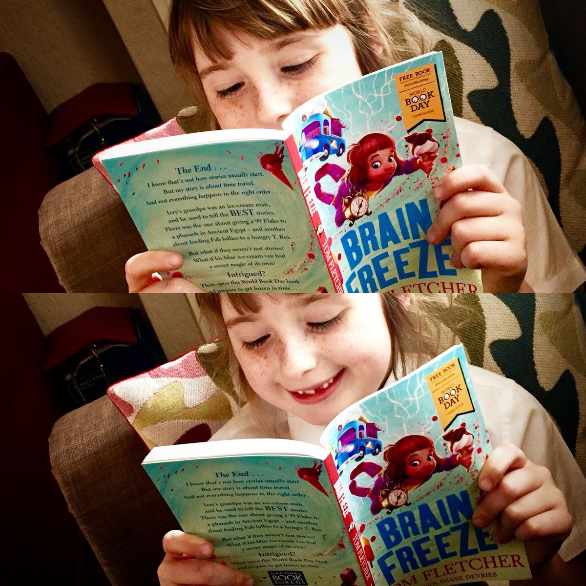 She knows it’s not #worldbookday yet, but she just doesn’t care! #worldbookday2018 #brainfreeze #tomfletcher #amreading #mustread #brainfreezetomfletcher #daughter #family #youngreader #youngreaders #bookworm