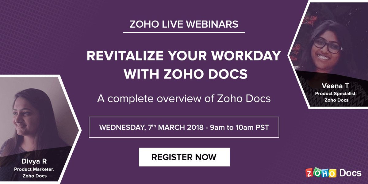 Zoho's tweet image. Learn how to accomplish more each day with #ZohoDocs. Register for a free webinar at zoho.to/2yQEm8o