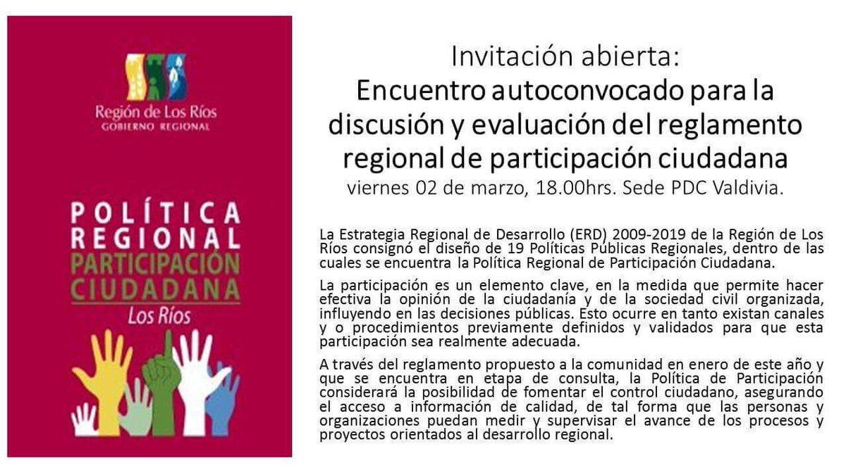 pdclosrios's tweet photo. Estimados camaradas, los invitamos a ser protagonistas del diseño de nuestra política regional de participación ciudadana. 
La invitación es para este viernes 02 de marzo, a contar de las 18.00hrs. En la sede del PDC en valdivia, ubicada en Cochrane #239. https://t.co/3GlQpgEa3C
