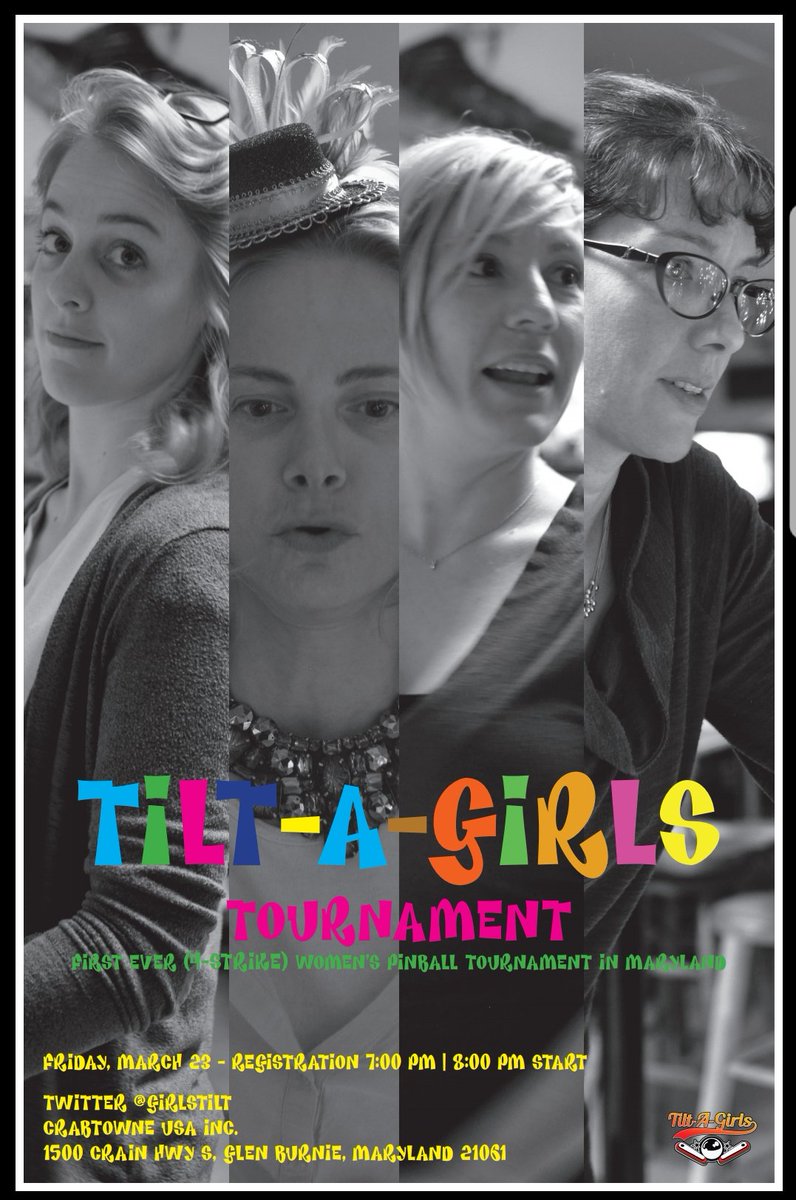 GirlsTilt's tweet image. First ever women's pinball tournament. FREE! March 23 @ crabtowne in Glen burnie. 8pm sharp!
Prizes for top 4 and door prizes throughout the night!