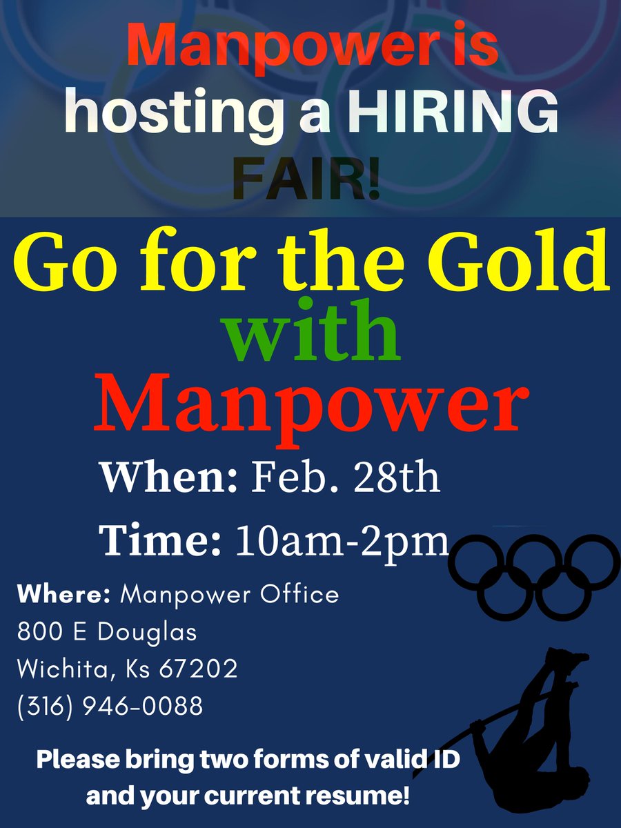 ManpowerWichita's tweet photo. Attention #JobSeekers @ManpowerWichita is hosting a hiring fair- there will be snacks, fun, JOBS and a drawing for $25 to the movies! Clear your calendars and bring your current resume along with two forms of ID! #NowHiring #Wichita https://t.co/VTFnQ9E3C5