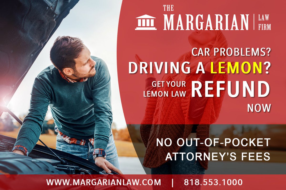 MargarianLaw's tweet photo. Car problems? Endless repairs? Get your Lemon Law refund!
(818) 553-1000 | https://t.co/2XVyugl8Xy
#lemon #lemonlaw #car #carproblems #cardefect #consumerlaw #lawfirm #lawyer #law #lemoncar https://t.co/V6h3vwY24r