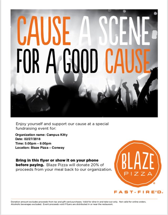 CampusKitty's tweet photo. Also, Blaze Pizza Night is TONIGHT from 5-8pm! Grab your friends and enjoy some pizza! Show them this flyer and say your with Campus Kitty and a portion of your proceeds will go to back to CK! https://t.co/MhWhH7QfJs