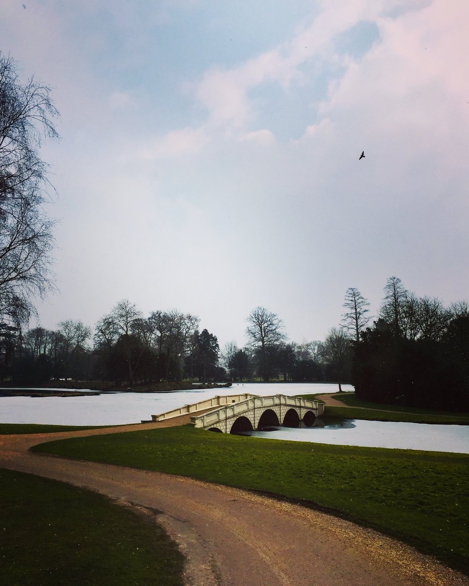 Painshill's tweet photo. The Painshill lake turned white today! A light sprinkle of snow over the ice made for a dramatic contrast from the norm. #whitelake #fivearchbridge #sprinkleofsnow https://t.co/4K75KmVnj2