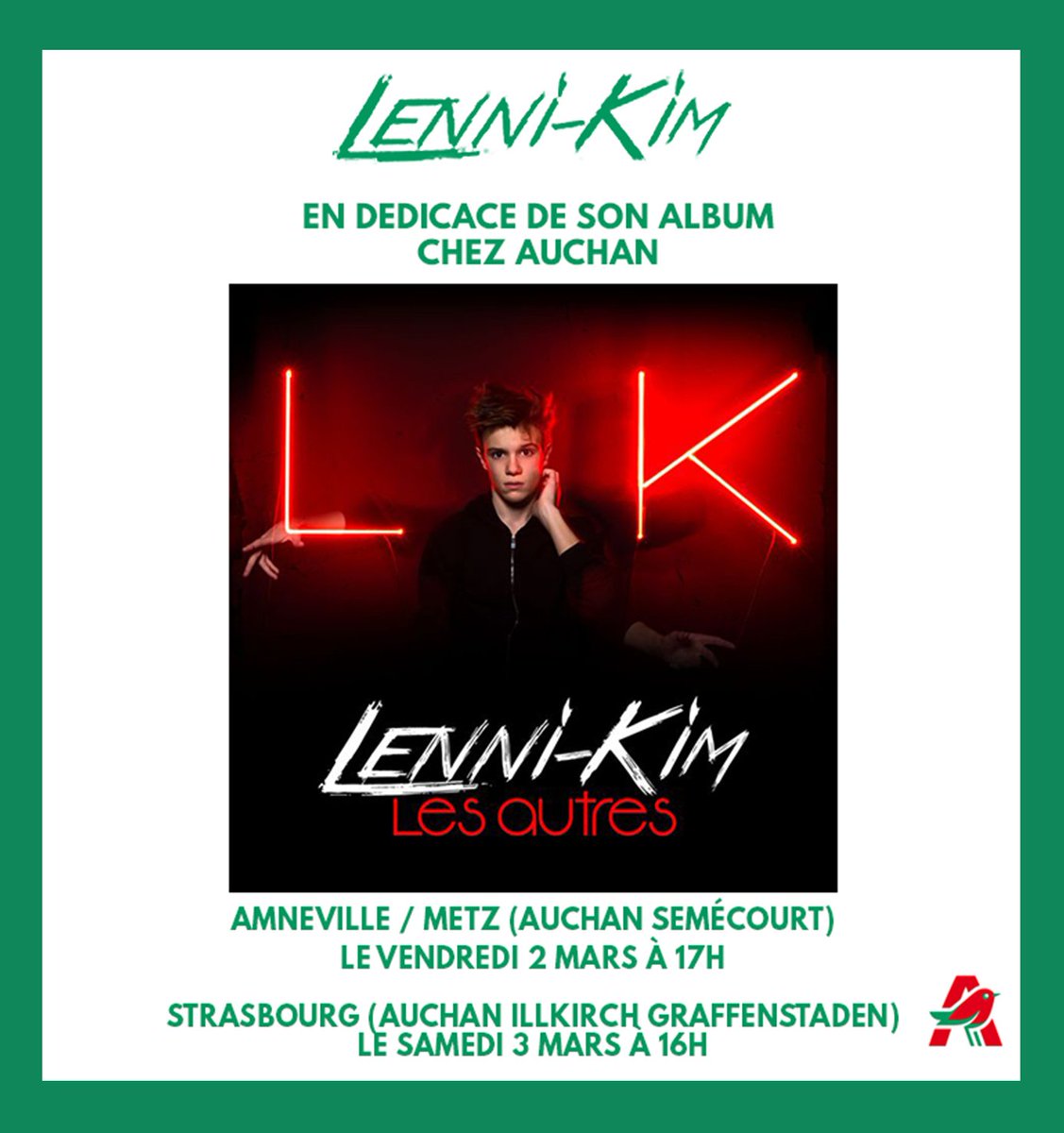 lennikim's tweet photo. On se voit ce week-end 😉 ?
Je dédicacerai mon album "Les autres" 📀
- Chez Auchan Semécourt (Metz) ce vendredi 2 mars à 17h
- Chez Auchan Illkirch Baggersee (Strasbourg) ce samedi 3 mars à 16h ✏️ https://t.co/mtg7kyReSp